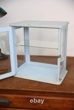 Antique Store Counter Display Case Wood Glass shelf blue apothecary cabinet