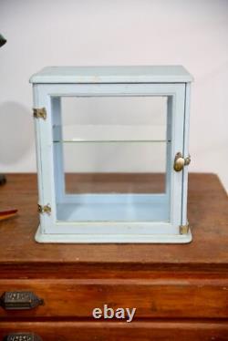 Antique Store Counter Display Case Wood Glass shelf blue apothecary cabinet