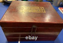 Antique Vintage M Hohner Harmonica Display Case Wooden Box General Store