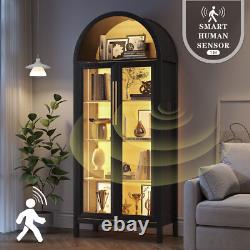 Arched Display Cabinet with Glass Doors, 5 Tier Storage Display Cabinet with LED