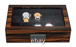 Arolly 10 Slots Wooden Watch Display Case Glass Top Jewelry Collection Storage B