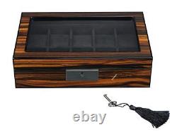 Arolly 10 Slots Wooden Watch Display Case Glass Top Jewelry Collection Storage B