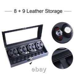 Auto Rotation 8+9 Watch Winder Black Leather Display Storage Case Box