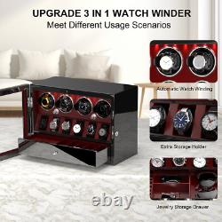 Automatic 4 Watch Winder Case With Jewelry Drawer 6 Display Storage Box LED Gift