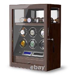 Automatic 6 Watch Winder Box With 4 Watch Storage Cabinet Display Case-Brown Oak