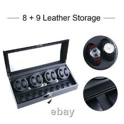 Black Leather 8+9 Automatic Rotation Watch Winder Storage Display Case Box