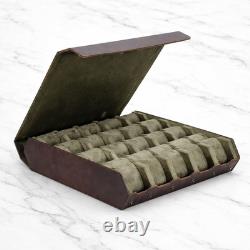 Brown Genuine Leather Watch Box 12/16/20 Grid Storage Organiser Display Case