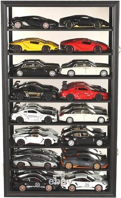 Car Display Case Black 16 Pcs Mirrored Diecast Model 1/24 Shelf Wall Toy Cabinet