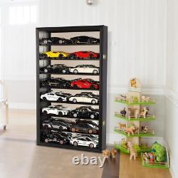 Car Display Case Black 16 Pcs Mirrored Diecast Model 1/24 Shelf Wall Toy Cabinet