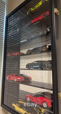 Car Display Case Black 16 Pcs Mirrored Diecast Model 1/24 Shelf Wall Toy Cabinet