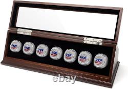 Championship Ring Display Case Mahogany Wood 7 Pcs NFL NBA Storage Shadow Box