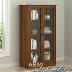 Cherry Finish Wooden Glass Door Bookcase Bookshelf Media Cabinet Display Storage