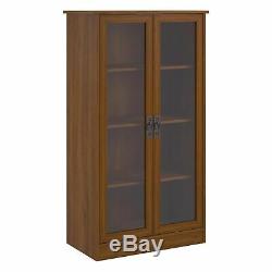 Cherry Finish Wooden Glass Door Bookcase Bookshelf Media Cabinet Display Storage