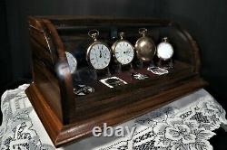 Curved glass solid walnut display case with display tray plus storage