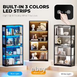 Display Cabinet Glass Door 5 Tier Storage Case Organizer LED Light Rack Shelves