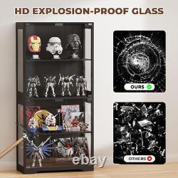 Display Cabinet Glass Door 5 Tier Storage Case Organizer LED Light Rack Shelves