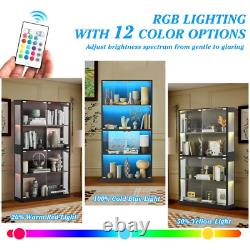 Display Cabinet with Glass Doors, 4-Tier Curio Display Case with 12 Color Lights
