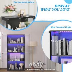 Display Cabinet with Glass Doors, 4-Tier Curio Display Case with 12 Color Lights