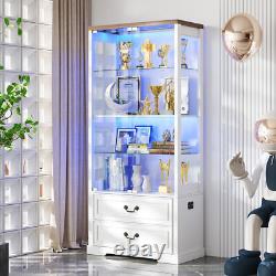 Display Cabinet with Glass Doors/LED Lights/2 Drawers, Adjustable Glass Height