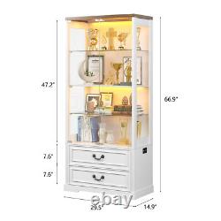 Display Cabinet with Glass Doors/LED Lights/2 Drawers, Adjustable Glass Height