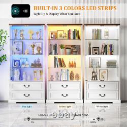 Display Cabinet with Glass Doors/LED Lights/2 Drawers, Adjustable Glass Height