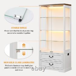 Display Cabinet with Glass Doors/LED Lights/2 Drawers, Adjustable Glass Height