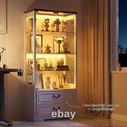 Display Cabinet with Glass Doors/LED Lights/2 Drawers, Adjustable Glass Height