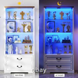 Display Cabinet with Glass Doors/LED Lights/2 Drawers, Adjustable Glass Height
