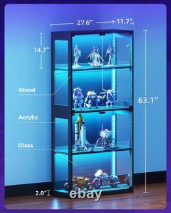 Display Cabinet with RGB Lights, 4-Tier Display Case with Glass Doors and Storag