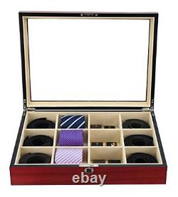Display Case for 12 Ties Belts and Accessories Cherry Wood Storage Box Father