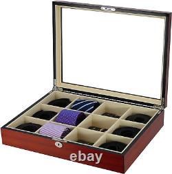 Display Case for 12 Ties, Belts, and Accessories Cherry Wood Storage Box Father
