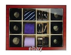 Display Case for 12 Ties Belts and Accessories Cherry Wood Storage Box Father