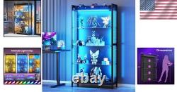Display Case with LED Lights Shelf Cabinet with Glass Shelves Curio Black