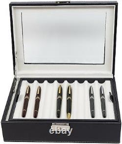 Elegant 16 Piece Black Leatherette Pen Display Case Storage And Fountain Pen