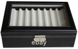 Elegant 16 Piece Black Leatherette Pen Display Case Storage And Fountain Pen