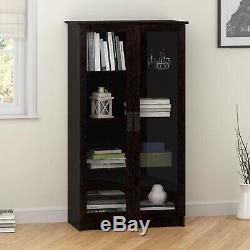 Espresso Wooden Glass Door Bookcase Bookshelf Media Cabinet Display Storage