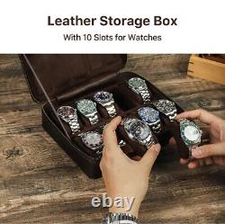 Genuine Leather 10 Watches Storage Box Display Case Organizer Zipper Closure