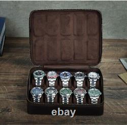 Genuine Leather 10 Watches Storage Box Display Case Organizer Zipper Closure