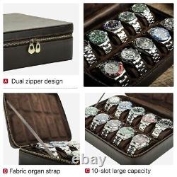 Genuine Leather 10 Watches Storage Box Display Case Organizer Zipper Closure