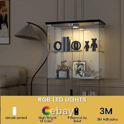 Glass Display Cabinet Black WithLED Light 2 Doors 3 Shelves Storage Case For Curio