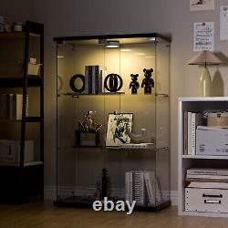 Glass Display Cabinet Black WithLED Light 3 Shelves 2 Doors Storage Case For Curio