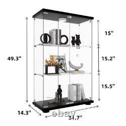 Glass Display Cabinet Black WithLED Light 3 Shelves 2 Doors Storage Case For Curio