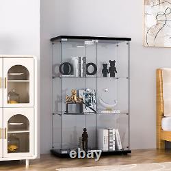 Glass Display Cabinet Black WithLED Light 3 Shelves 2 Doors Storage Case For Curio