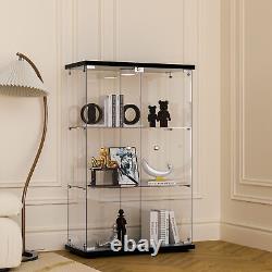 Glass Display Cabinet Black WithLED Light 3 Shelves 2 Doors Storage Case For Curio