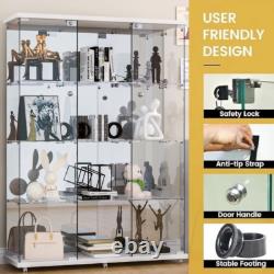Glass Display Cabinet WithMirror 4 Shelves 3 Door Storage Case For Curio NEW White