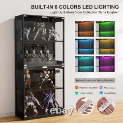 Glass Door Curio Display Cabinet, 4 Tier Adjustable Shelves & 6-Colour LED Light