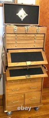 Gun Display Case Oak 15 Drawer Pistol Knife Wood Rolling Storage Chest Cabinet