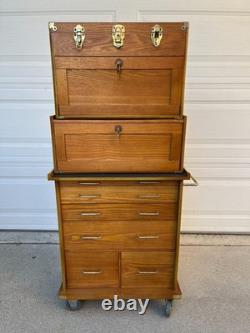 Gun Display Case Oak 15 Drawer Pistol Knife Wood Rolling Storage Chest Cabinet