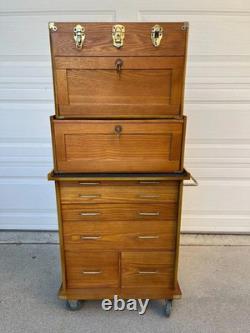 Gun Display Case Oak 15 Drawer Pistol Knife Wood Rolling Storage Chest Cabinet