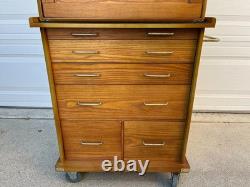 Gun Display Case Oak 15 Drawer Pistol Knife Wood Rolling Storage Chest Cabinet